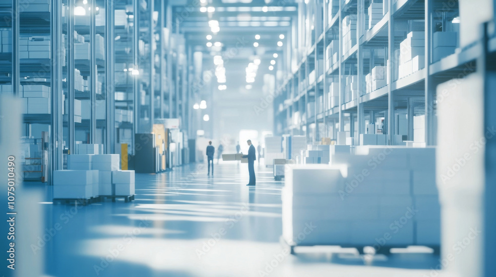 Poster warehouse distribution team coordinating inventory check and dispatch in large modern facility