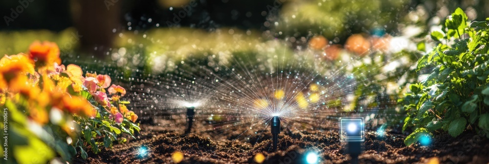 Poster lush flowers bloom in a smart garden where automated sprinklers water the soil, creating an ideal en