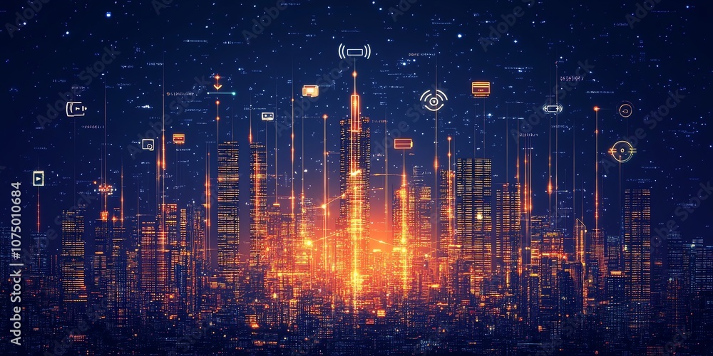 Aufkleber futuristic cityscape with glowing lines and icons representing technology and innovation.