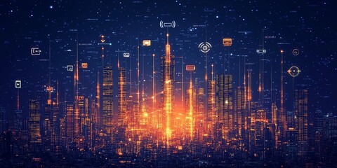 Futuristic cityscape with glowing lines and icons representing technology and innovation.