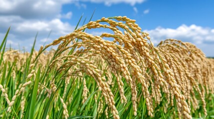Traditional Rice Harvesting by Farmer Under Blue Sky