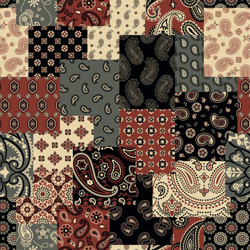 Paisley arabesque damask motifs patchwork wallpaper abstract vector seamless pattern for fabric pillow cloth shirt carpet tablecloth rug 
