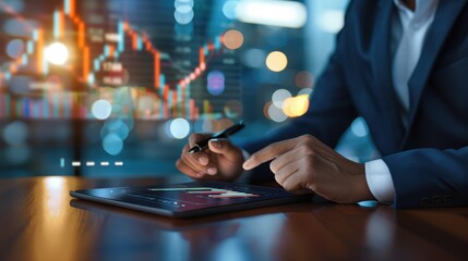 Close-up of a businessman using a digital tablet with stylus to review financial charts, with a stock market data overlay in the background.