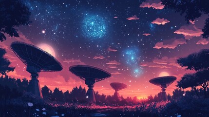 Collection of Radio telescopes at night and starry sky with hologram