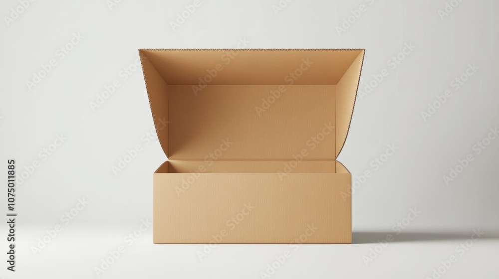 Poster empty cardboard box with an open lid on a minimalistic background, perfect for showcasing products, 