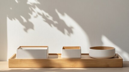 Minimalist Arrangement of White and Natural Wood Kitchenware with Soft Shadows and Natural Light in a Modern Interior Design Setting