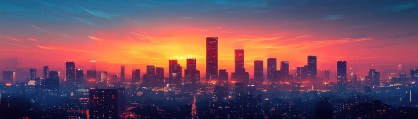 Obraz premium Stunning Urban Skyline at Sunset with Vibrant Colors and Modern Skyscrapers Silhouetted Against a Dramatic Evening Sky