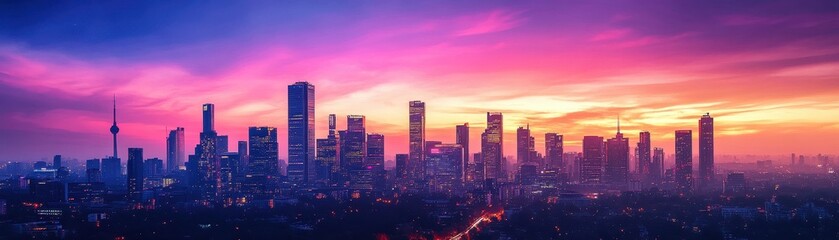 Fototapeta premium Stunning Urban Skyline at Sunset with Vibrant Colors and Modern Skyscrapers in a Panoramic Cityscape View