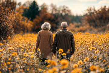 Couple de personnes âgées de dos dans un champ de fleurs marchant main dans la main