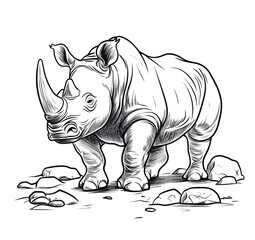 Fototapeta premium line art sketch of an African rhinoceros in black and white. The rhinoceros is standing on its hind legs with short