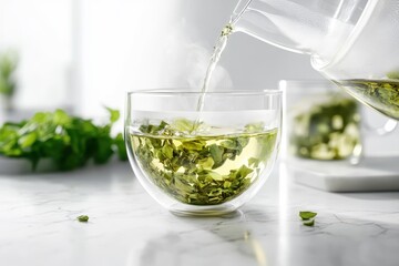 Herbal Tea Pouring in Minimalist Kitchen Setting