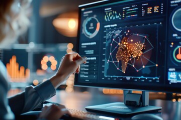 Close-up of a data analyst’s hand interacting with a computer displaying a global network map and data analytics, highlighting digital connectivity and analysis.