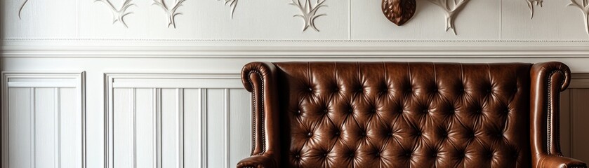 Obraz premium A vintage leather armchair against a textured wall with decorative elements.