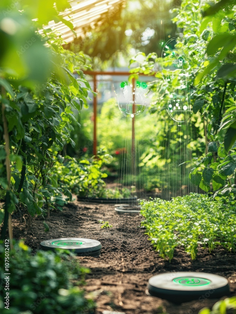 Aufkleber automated sprinklers and soil sensors nurture a thriving garden, enhancing plant growth and ensuring