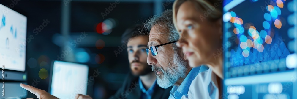 Poster focused team of business analysts reviewing data on screens in a high-tech environment, emphasizing 