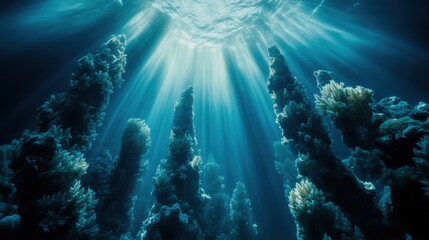 Underwater Majesty, towering coral spires bathed in sunlight, vibrant marine life, serene yet striking ocean depths, enchanting aquatic landscape