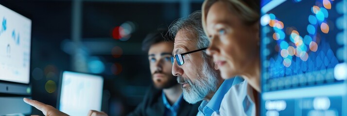 Focused team of business analysts reviewing data on screens in a high-tech environment, emphasizing teamwork, data analysis, and collaboration.