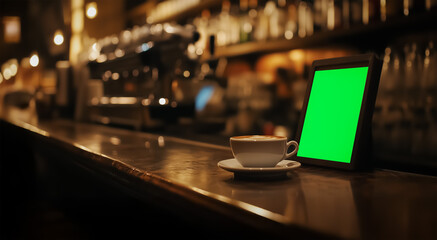 Fototapeta premium Cafe counter with a ceramic coffee cup, set against a cozy, dimly lit interior, perfect for a relaxed and intimate cafe experience.