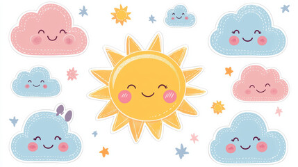 Adorable cartoon sun and clouds with smiling faces surrounded by stars on a white background, perfect for children's designs and decor.