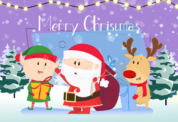 Christmas greeting card design. Santa Claus with sack, reindeer and elf holding gifts. Night snowy forest in background. Template can be used for banners, posters, postcards