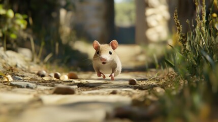 Cute and Playful Mouse Running on a Stone Pathway Surrounded by Grass and Plants Under Bright Natural Light in a Tranquil Outdoor Setting