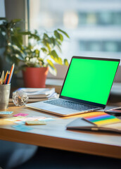 Fototapeta premium A desk in a cozy, natural light-filled office with a laptop showing a green screen, plants, pencils, and sticky notes enhancing a productive ambiance.