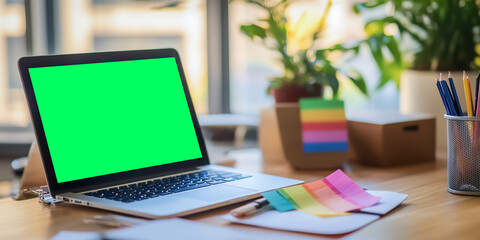 Fototapeta premium A modern desk setup in a brightly lit office with a laptop displaying a green screen, surrounded by plants, stationery, and sticky notes for creative work.