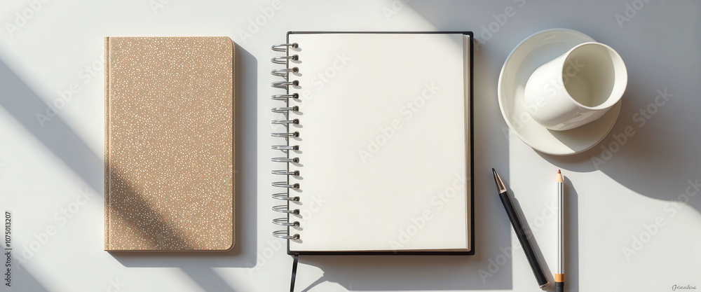 Poster a pen and pencil are on a blank page of a notebook. the pen is on the right side of the page, and th
