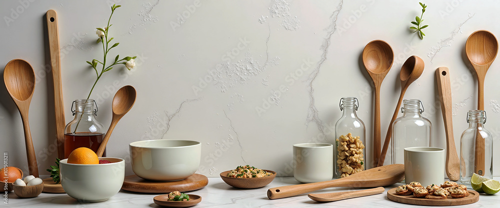 Poster a collection of wooden spoons and bowls are displayed on a white countertop. the spoons are arranged