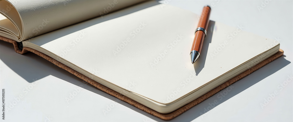 Poster a pen and pencil are on a blank page of a notebook. the pen is on the right side of the page, and th