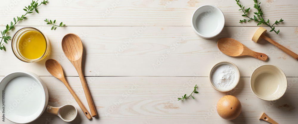 Poster a collection of wooden spoons and bowls are displayed on a white countertop. the spoons are arranged