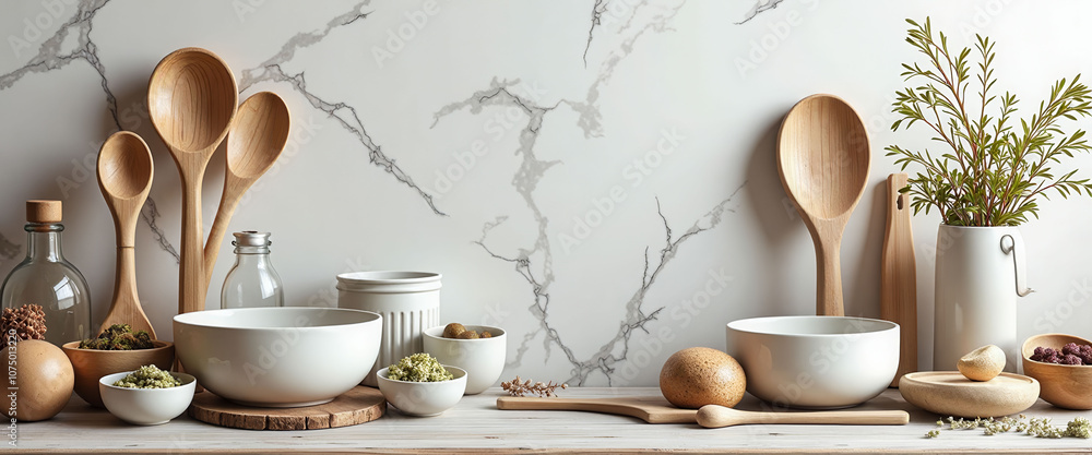 Poster a collection of wooden spoons and bowls are displayed on a white countertop. the spoons are arranged