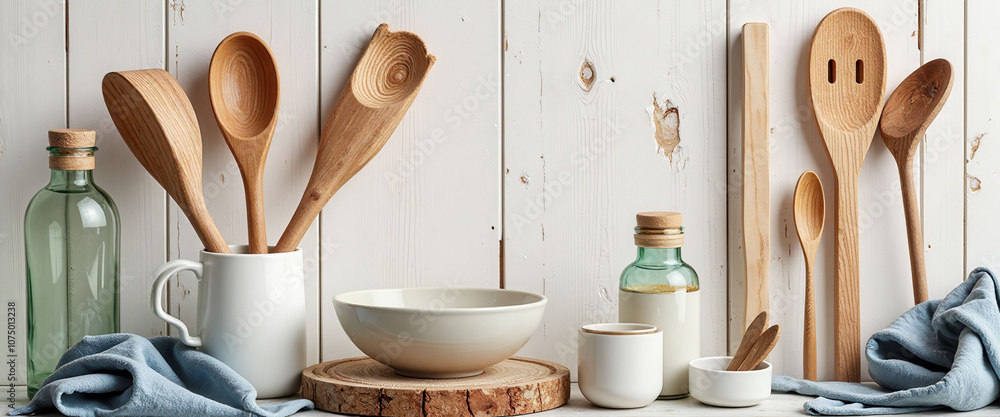 Poster a collection of wooden spoons and bowls are displayed on a white countertop. the spoons are arranged