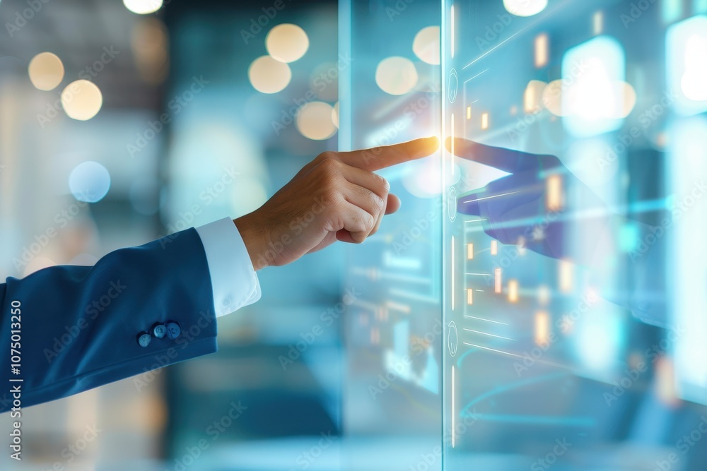 Poster businessman touching a virtual touchscreen interface with illuminated icons and data, representing t