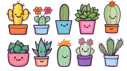 Colorful and cheerful hand-drawn potted cacti and succulent plants with smiling faces, perfect for cute and playful design projects.