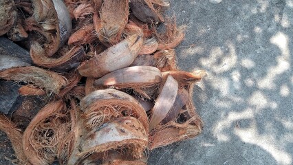 Pile of dry coconut husks on a concrete surface with dappled sunlight creating a natural, textured background.