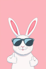 Fototapeta premium Cool white bunny wearing sunglasses giving a thumbs up on a pink background, perfect for fun and playful designs.