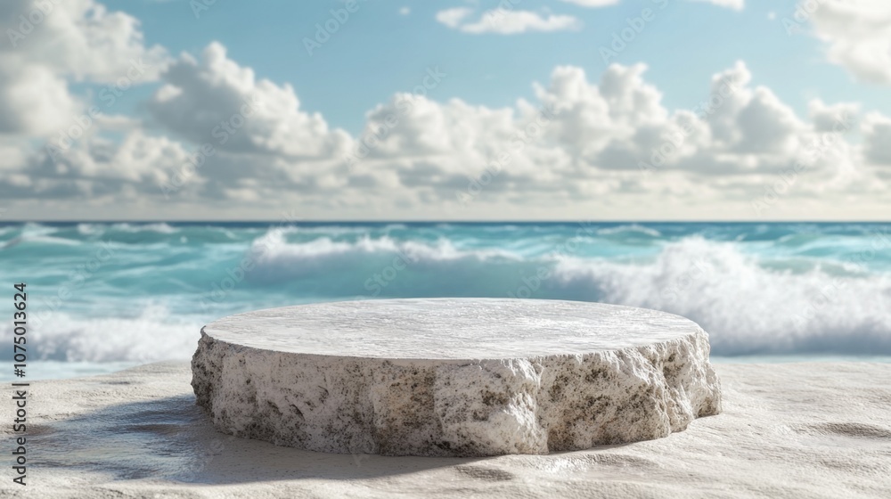 Poster serene beach scene with a round stone platform surrounded by rolling waves and a beautiful sky, perf