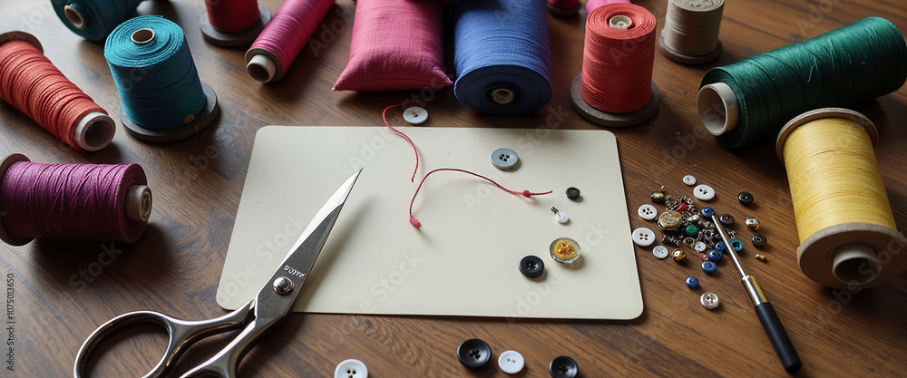 Poster a table with a pair of scissors, buttons, and thread. the scissors are on the left side of the table