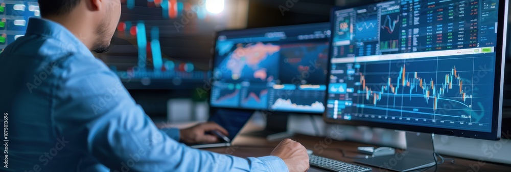Aufkleber close-up of a stock trader monitoring financial data and stock charts on multiple screens, symbolizi