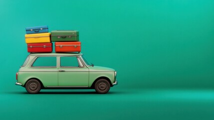 Vintage Green Car with Brightly Colored Suitcases on Top Against a Turquoise Background for Travel and Adventure Themes