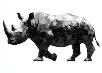 Low-poly rhinoceros made of black and white triangles, white background