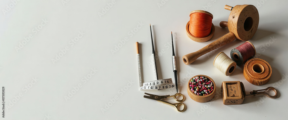 Poster a table with a pair of scissors, buttons, and thread. the scissors are on the left side of the table