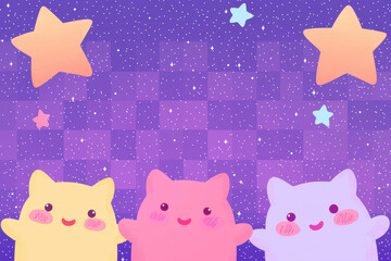 Cute illustration of three colorful cartoon cats with bright stars in a starry night sky background. Adorable and playful design for children.