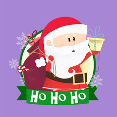 Christmas poster design with Santa Claus. Drawing of Santa Claus holding gift sack and gift box in round green frame on abstract background. Can be used for postcards, greeting cards, leaflets