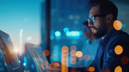 businessman working late, analyzing data on screens in a modern office setting. Concept of technology, focus, and analytics.