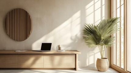 Minimalist Home Office with Natural Light and Wooden Accents