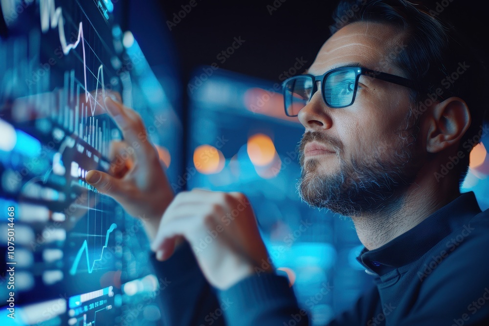 Aufkleber focused analyst interacting with data on high-tech digital screen