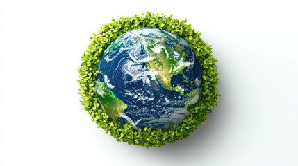 A vivid representation of the Earth surrounded by lush green leaves, symbolizing global environmental protection and sustainability. Clean white backdrop.