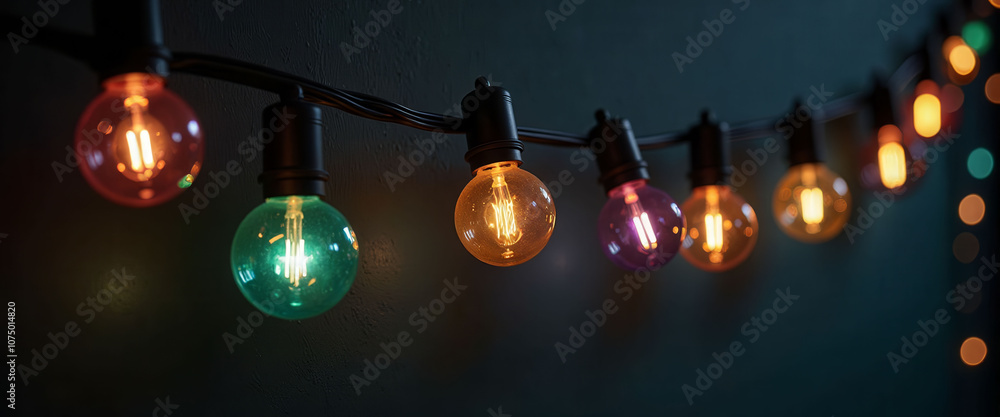 Poster a row of colorful light bulbs hanging from a wall. the bulbs are of different colors and sizes, crea